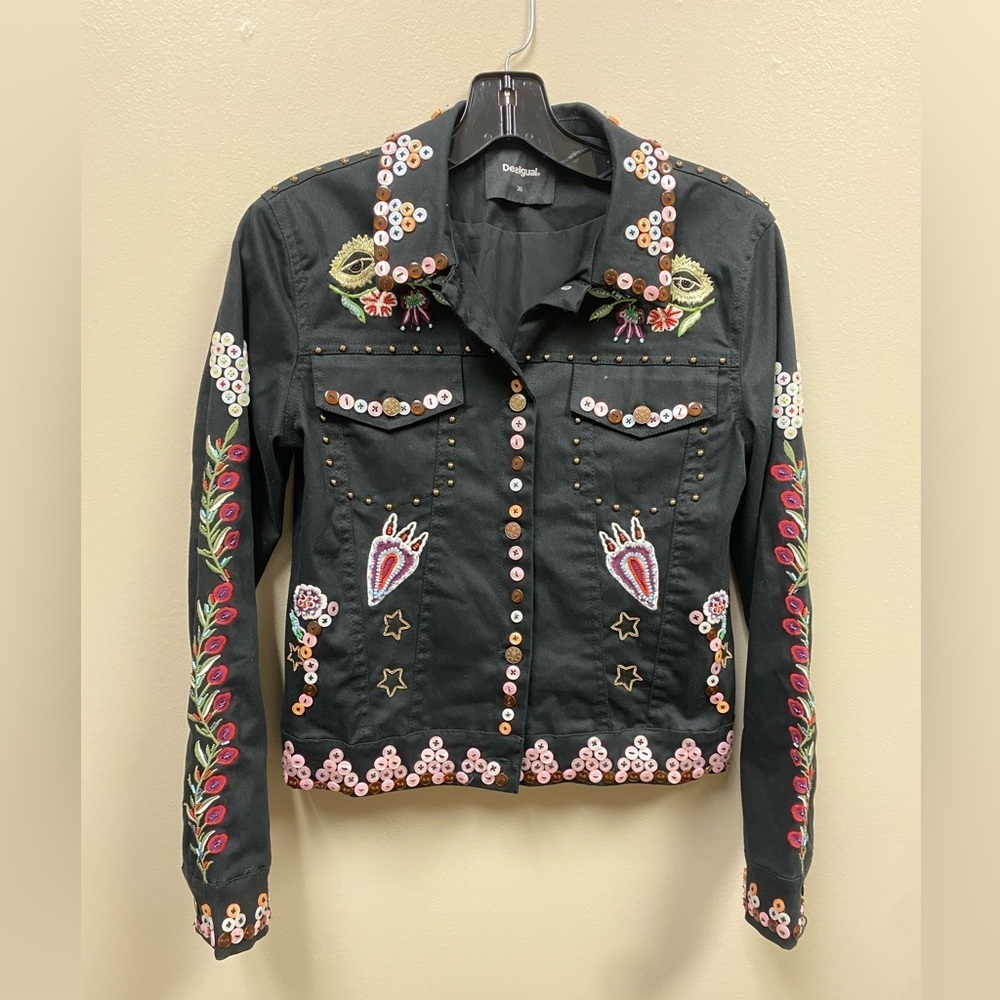 Desigual Ferrara Black Embellished Studded Embroidered Jacket Size 36, US Size 4 - Picture 7 of 16